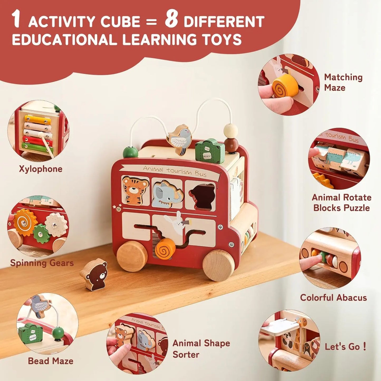 Wooden Activity Cube 8-in-1 Montessori Time